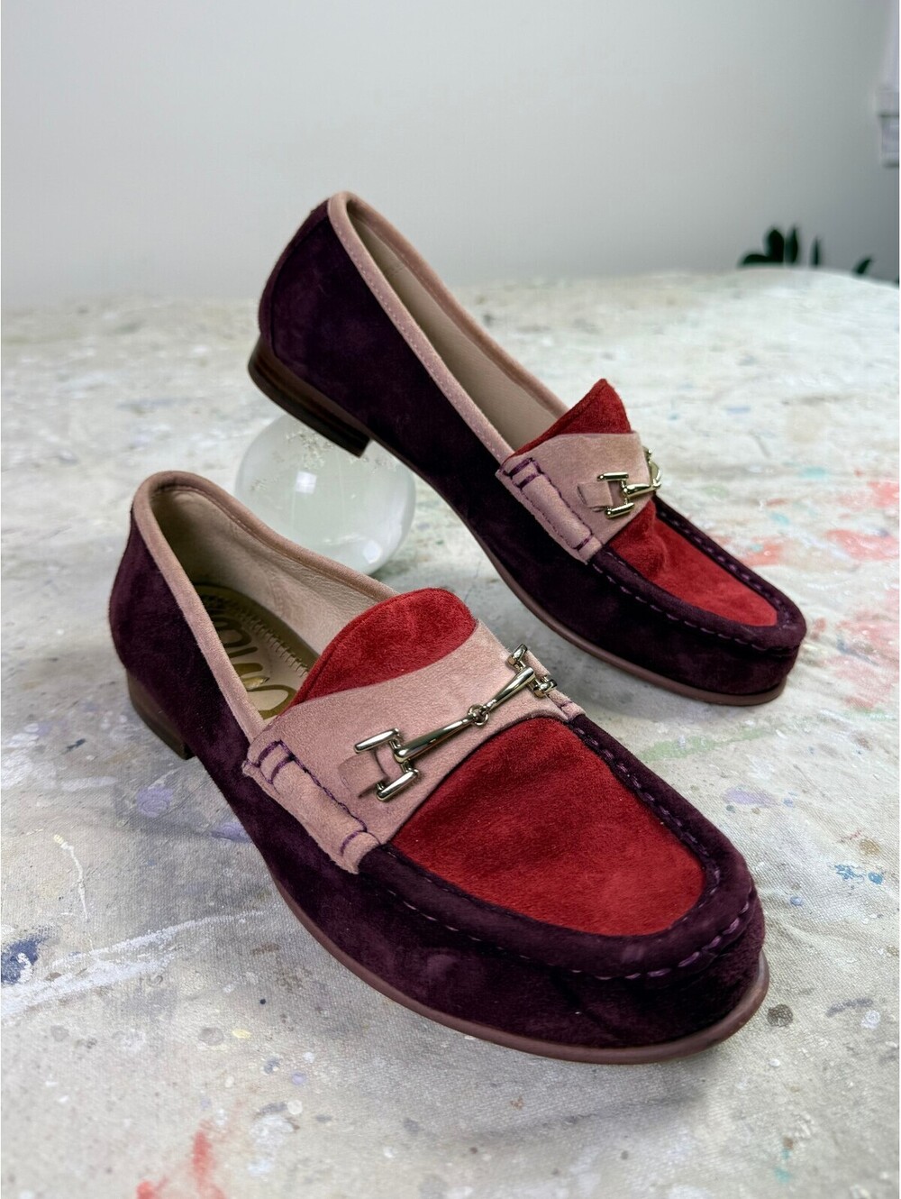 Sam Edelman Talia Colorblock Suede Horsebit Loafers Burgundy Pink 6.5